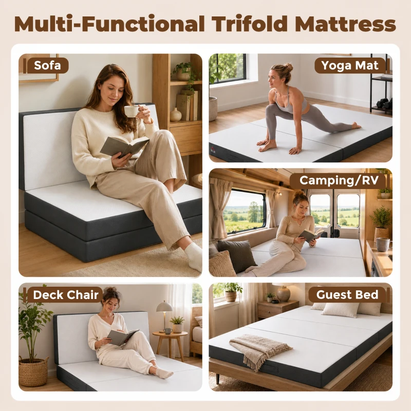 HOMCOM Trifold Mattress, 6 Inch Memory Foam Mattress for Guest, Camping, RV, Travel, Yoga, Made in USA, 75" x 54" x 6"