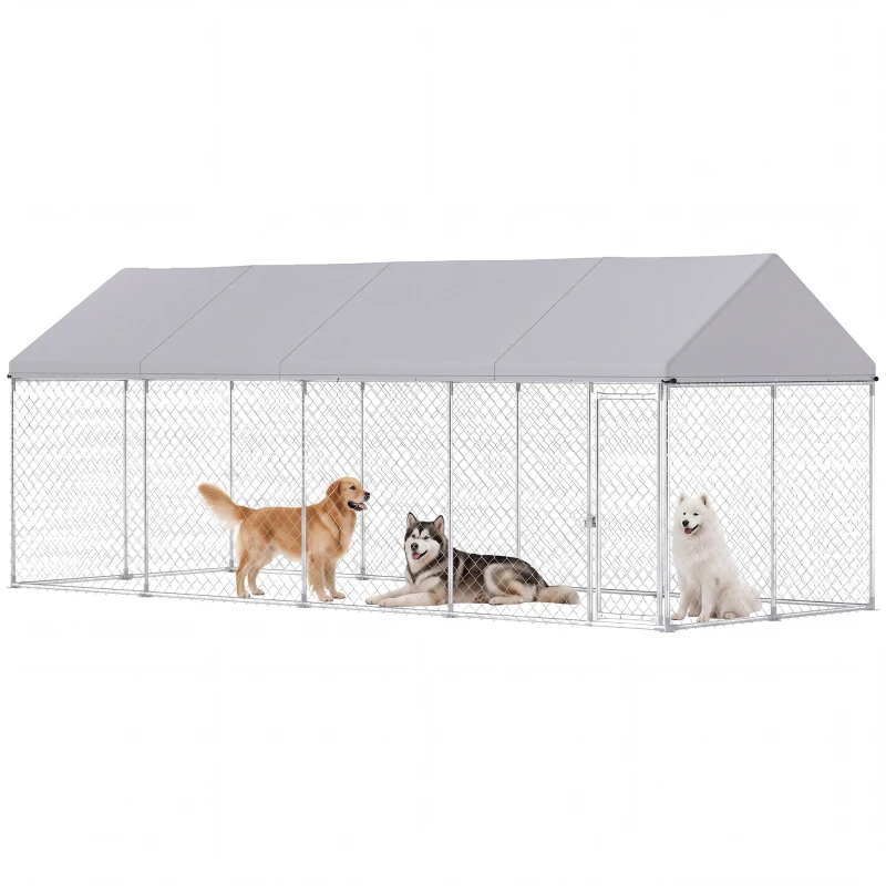 PawHut Heavy Duty Outdoor Dog Kennel with Waterproof Roof, Secure Latch, Chain Link Dog Run for Backyard, 19.7' x 7.5' x 7.9'