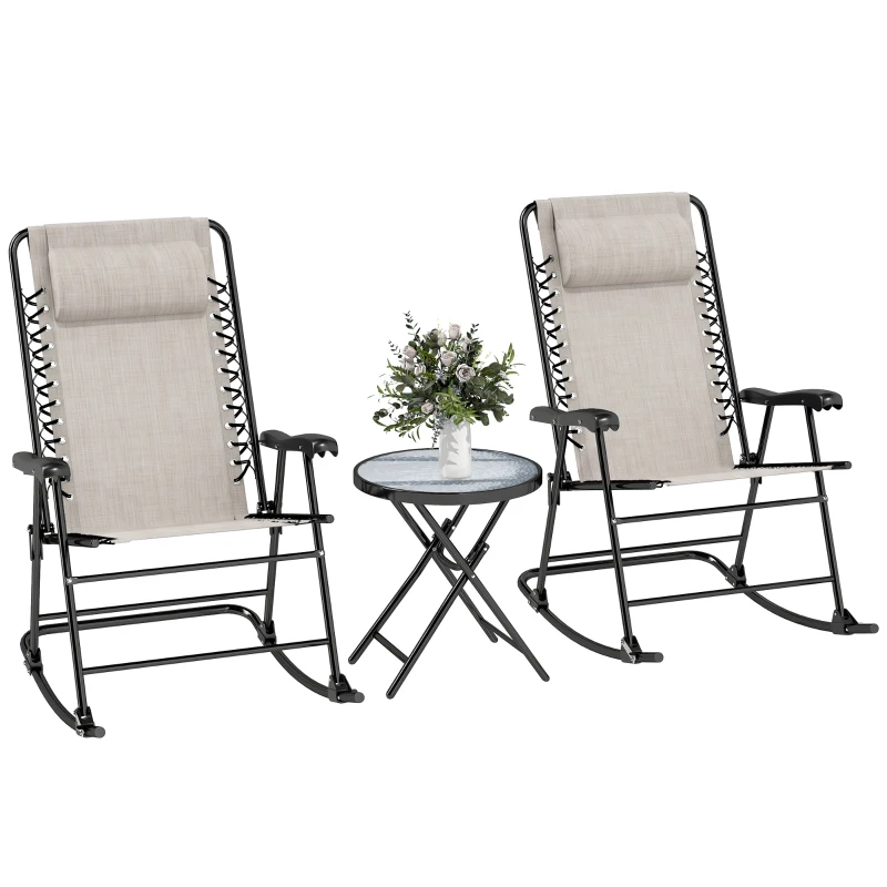 Outsunny 3pc Patio Rocking Chair Set, Folding Outdoor Rocking Chairs and Table Bistro Set w/ Breathable Mesh Seat & Backrest, Headrest for Park, Backyard, Garden, Cream White