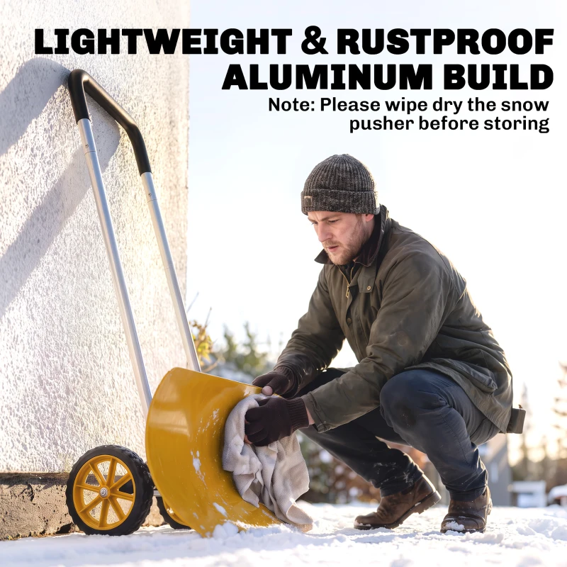 Outsunny 37-Inch Extra Wide Snow Shovel with Wheels, Heavy Duty Aluminum Snow Pusher with Ergonomic Adjustable Handle, Yellow