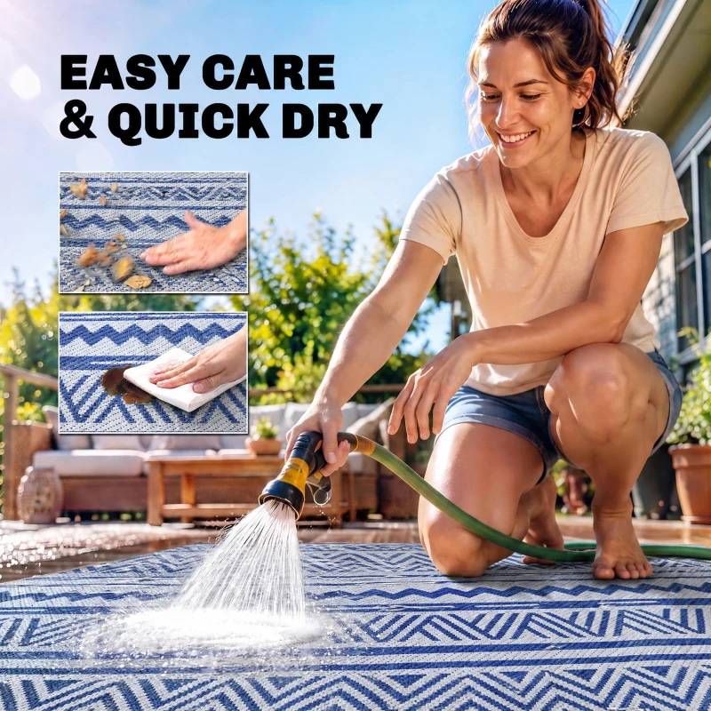 Outsunny Reversible Outdoor Rug, Patio Floor Mat, 6'x9' Plastic Straw Rug for Backyard Deck, Beach, Camping, Dark Blue and White