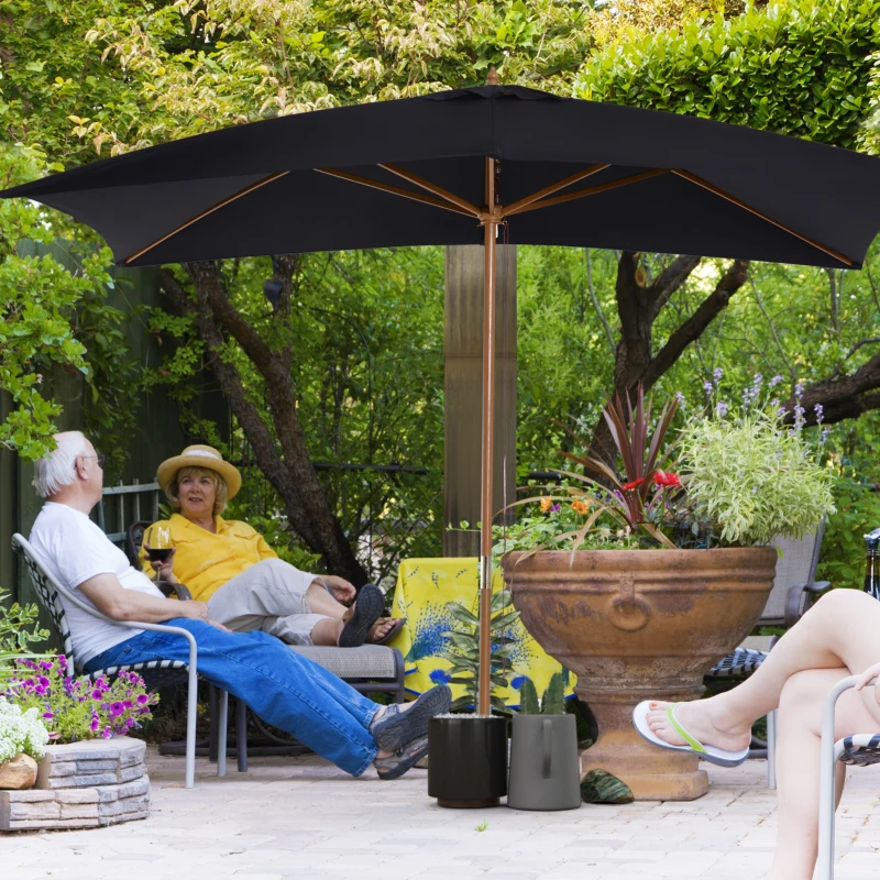 Outsunny 7' x 10' Wooden Patio Umbrella Rectangle Garden Parasol Outdoor Sunshade Canopy with Bamboo Ribs for Garden Black