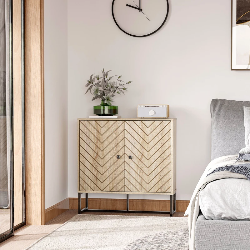 HOMCOM 31.5" Buffet Cabinet, Modern Sideboard with Adjustable Shelf, Steel Base and 2 Chevron Doors, Natural Wood