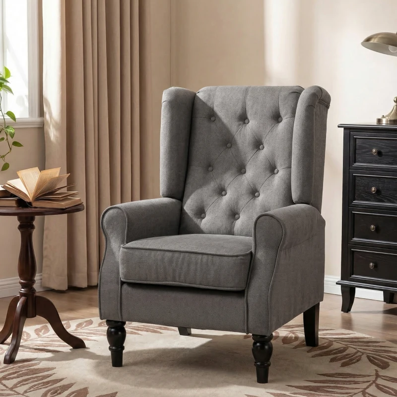 HOMCOM Wingback Accent Chair for Living Room, Button-Tufted Lounge Chair with Round Armrests and Wood Legs, Dark Gray