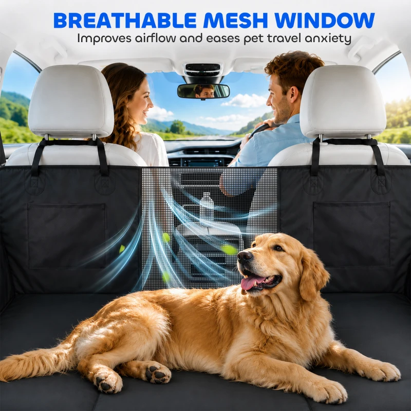 PawHut Dog Car Seat Cover, Hard Bottom Back Seat Extender for Pets, Waterproof Dog Hammock w/ Mesh Window & Pockets