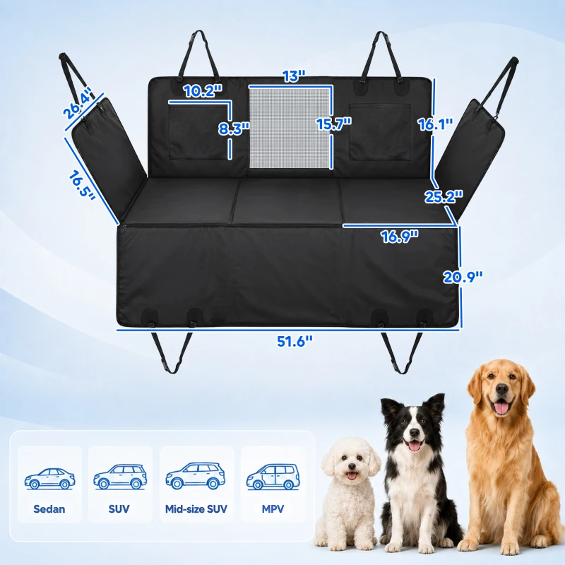 PawHut Dog Car Seat Cover for Back Seat, Hard Bottom Back Seat Extender, Waterproof Dog Hammock for Car & SUV, 58"L, Black