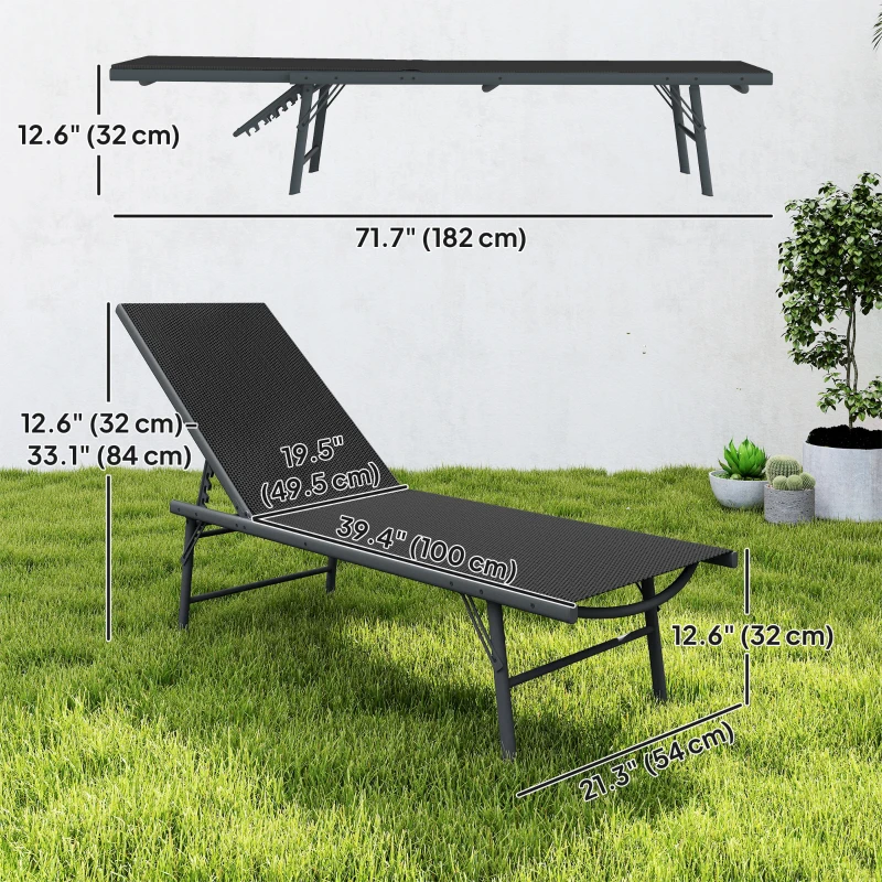 Outsunny 2 Pieces Folding Outdoor Lounge Chairs, Reclining Chaise Lounge Tanning Chair w/ Adjustable Back, Mesh Seat, Black