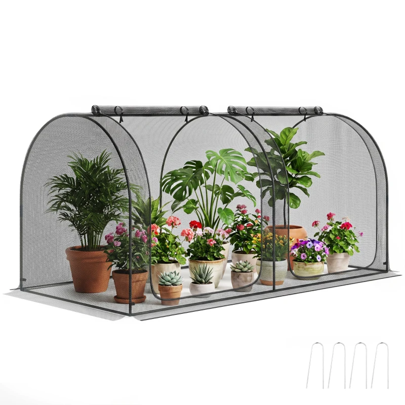 Outsunny 8' x 4' Crop Cage, Garden Plant Protector, with 2 Zippered Doors and 6 Ground Stakes, for Garden, Yard, Lawn, Black