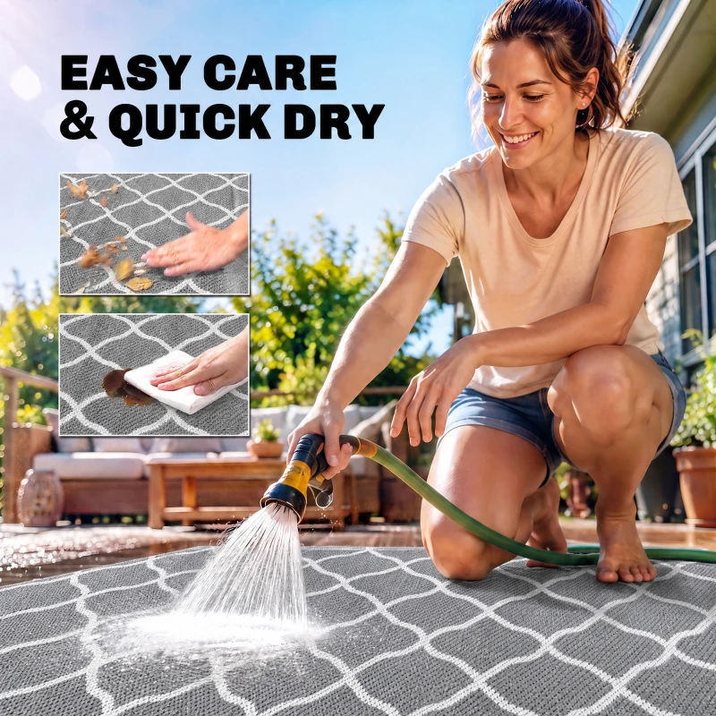 Outsunny Waterproof  Outdoor Rug, 6' x 9' RV Rug Reversible Mat for Backyard, Deck, Picnic, Beach, Camping, Grey & White Net