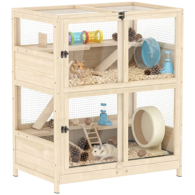 PawHut Wooden Hamster Cage, 4 Tier Small Animal Cage with Mesh Flip Roof, Pull-Out Tray, Huts, Seesaws, Ramps and Water Bottles