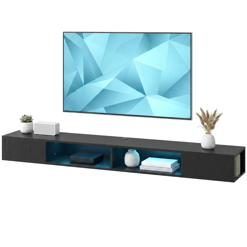HOMCOM TV Stand with RGB LED Lights, Entertainment Center with Open Shelves for 75 Inch TV, Black Wood Grain