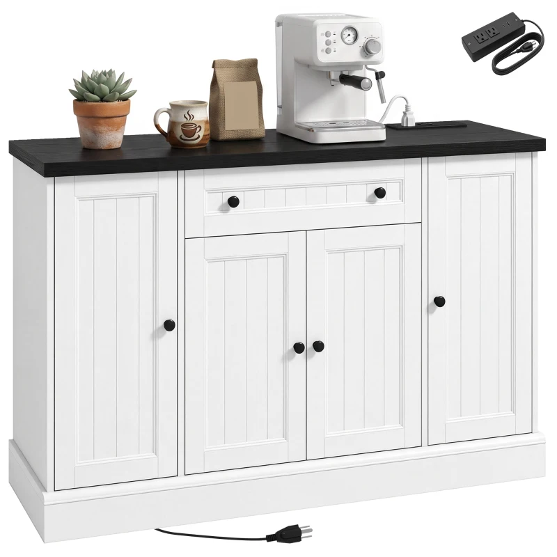 HOMCOM 47" Farmhouse Sideboard Buffet Cabinet with Charging Station, Coffee Bar Cabinet with 3 Adjustable Shelves, White