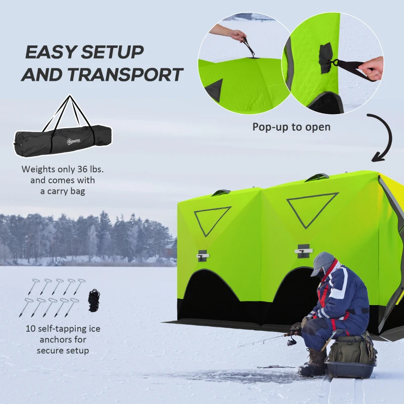 Outsunny 8 Person Ice Fishing Shelter, Pop-Up Ice Shanty Tent, Insulated Portable Tent with 2 Doors & Carrying Bag, Bright Green