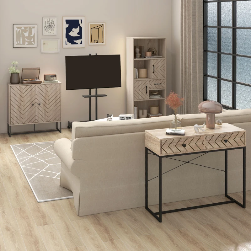 HOMCOM 31.5" Buffet Cabinet, Modern Sideboard with Adjustable Shelf, Steel Base and 2 Chevron Doors, Natural Wood