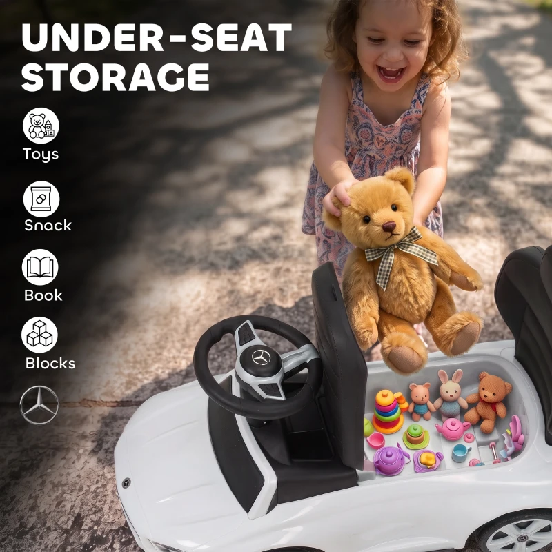 Qaba 3 in 1 Toddler Push Car Licensed Benz with Push Handle, Guardrails, Canopy, Horn, Music, Storage for 18-36 Months, White