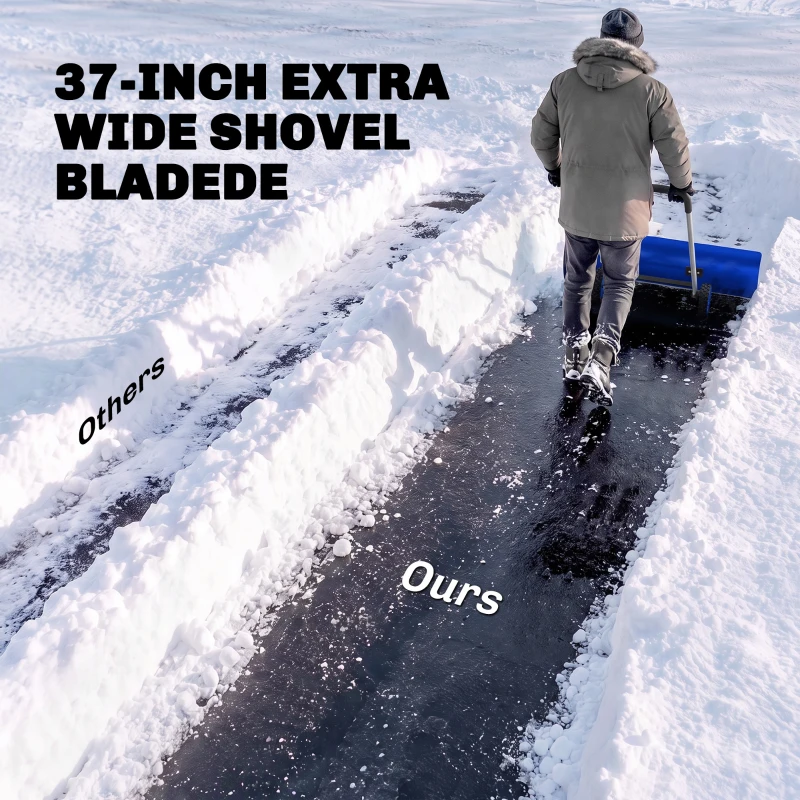 Outsunny 37-Inch Extra Wide Snow Shovel with Wheels, Heavy Duty Aluminum Snow Pusher with Ergonomic Adjustable Handle, Blue