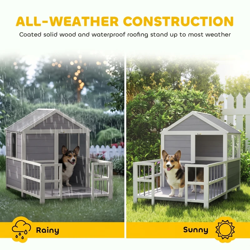 PawHut Outdoor Dog House, 61"L Wooden Dog House with Porch, Weatherproof Roof, Elevated Base, Air Vents & Observation Windows