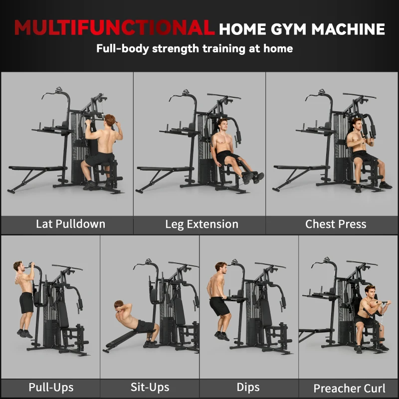 Soozier All-in-One Multi Home Gym Machine Workout Station with Weight Stack and Pulley System for Full Body Training, Black