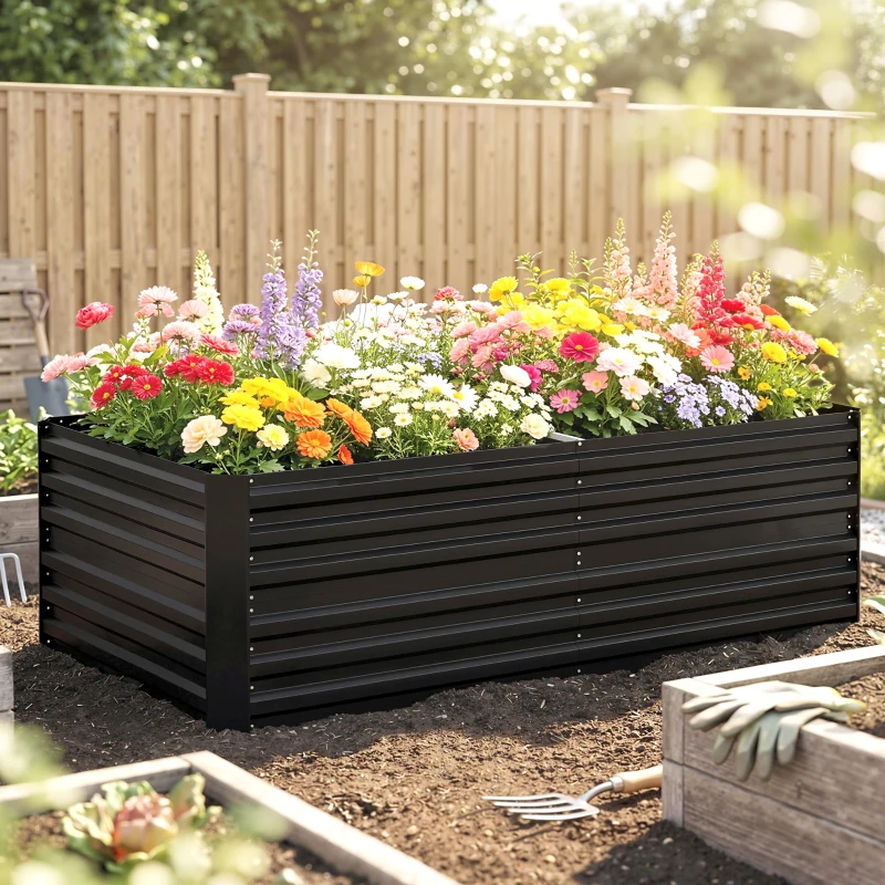 Outsunny Galvanized Raised Garden Bed, Steel Outdoor Planters with Reinforced Rods, 71" x 36" x 23", Black