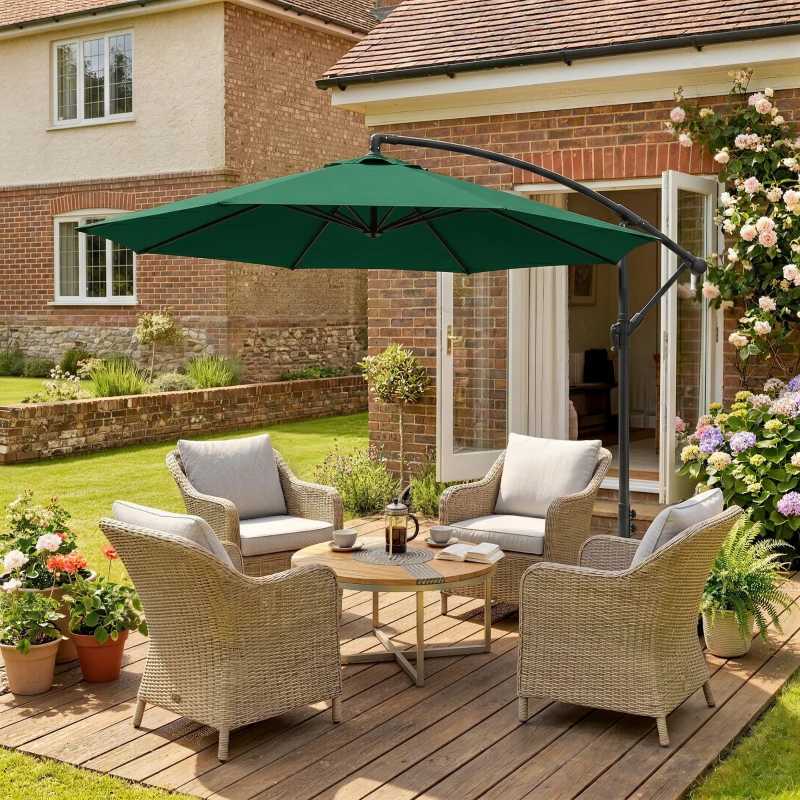 Outsunny 10' Deluxe Patio Umbrella, Outdoor Market Parasol, Banana Hanging Offset Sunshade with Crank, Cross Base, Dark Green