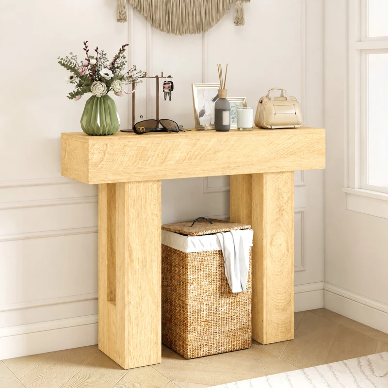 HOMCOM 42 Inch Console Table, Sofa Table Behind the Couch with Thickened Tabletop for Living Room, Hallway, Entrance, Oak