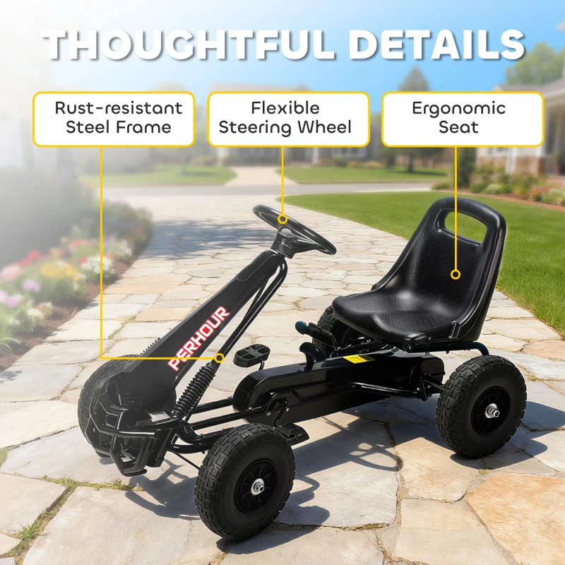 Qaba Kids Go Kart, Pedal Car with Adjustable Seat, EVA Wheels, Brake, for Boys & Girls Aged 3-8 Years Old, Black
