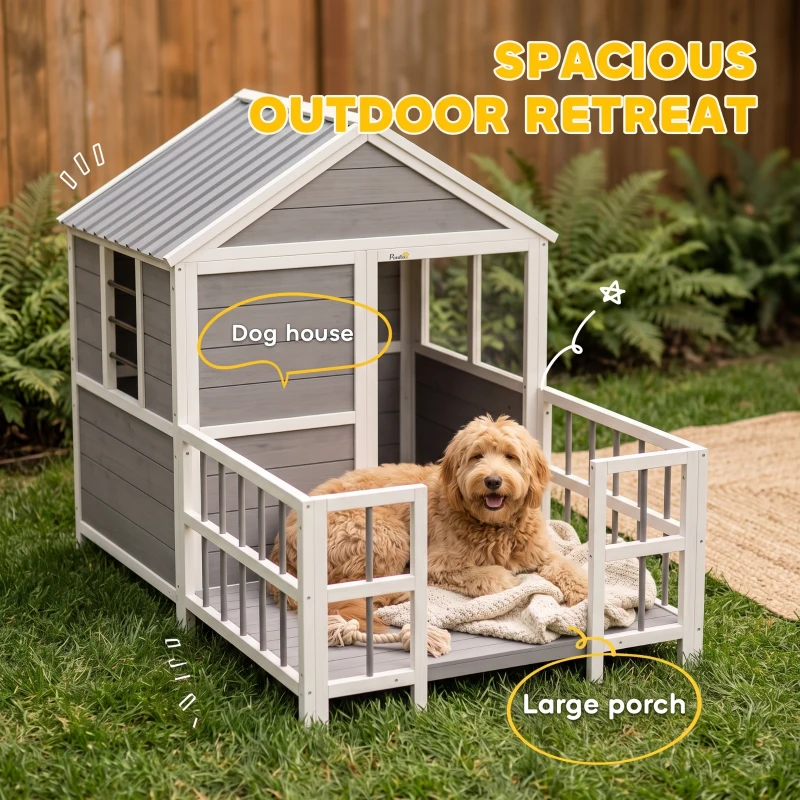 PawHut Outdoor Dog House, 61"L Wooden Dog House with Porch, Weatherproof Roof, Elevated Base, Air Vents & Observation Windows