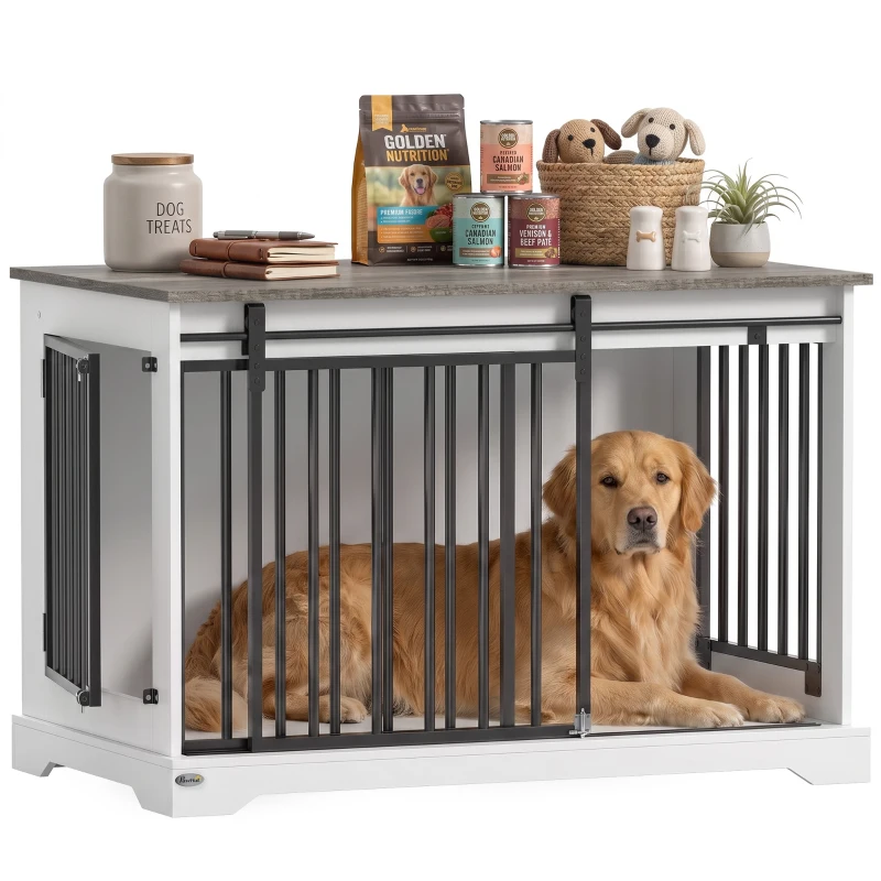 PawHut 100 cm Dog Crate Furniture with Sliding Barn Door for Large Breeds, White