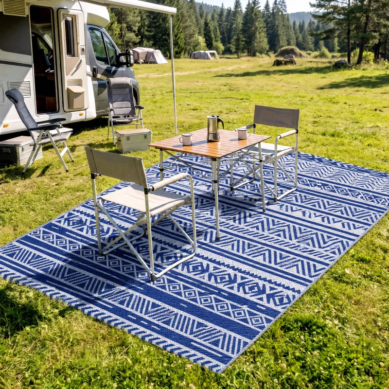 Outsunny Reversible Outdoor Rug, Patio Floor Mat, 6'x9' Plastic Straw Rug for Backyard Deck, Beach, Camping, Dark Blue and White