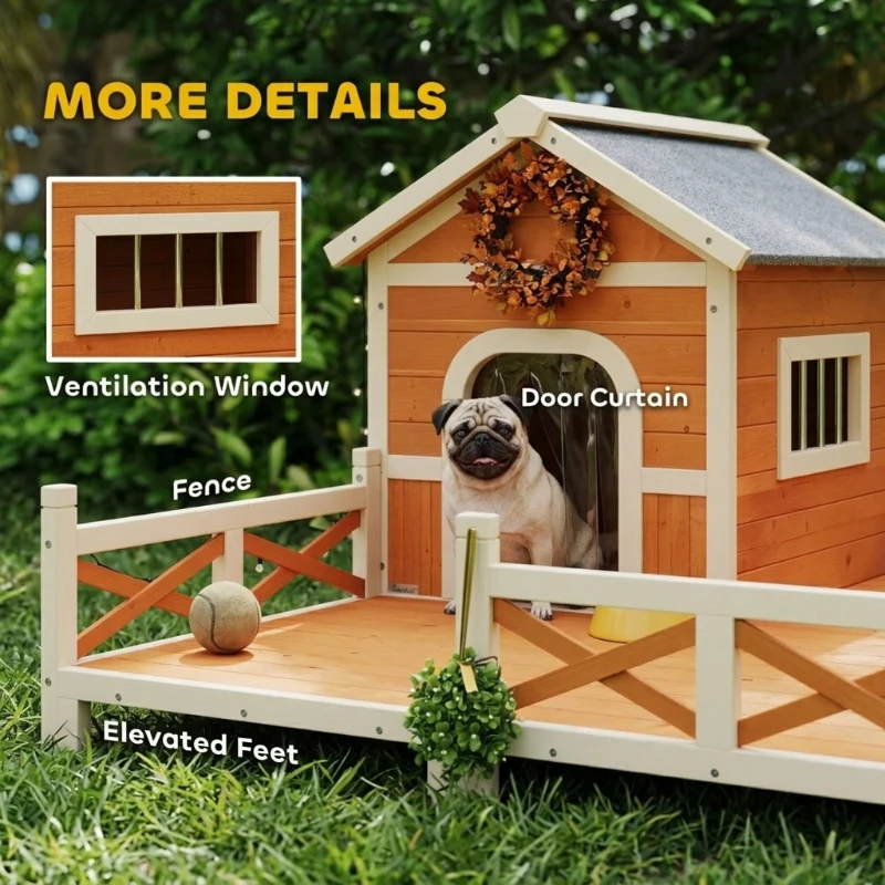PawHut Outdoor Wooden Dog House, Dog Shelter with Large Porch, Weatherproof & Openable Roof, Elevated Base, Removable Floor
