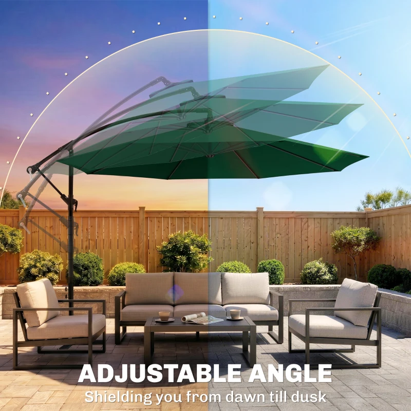 Outsunny 10' Deluxe Patio Umbrella, Outdoor Market Parasol, Banana Hanging Offset Sunshade with Crank, Cross Base, Dark Green