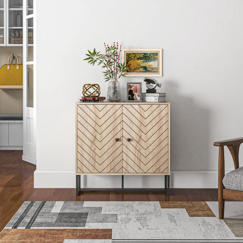 HOMCOM 31.5" Buffet Cabinet, Modern Sideboard with Adjustable Shelf, Steel Base and 2 Chevron Doors, Natural Wood