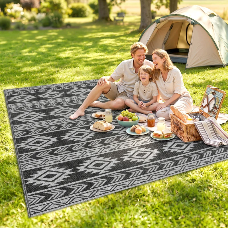 Outsunny Reversible Outdoor RV Rug, Patio Floor Mat, 6' x 9' Plastic Straw Rug for Backyard, Deck, Beach, Camping, Black & Grey
