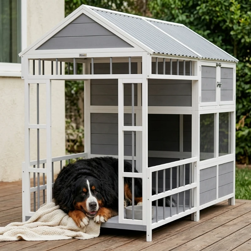 PawHut 79"L Large Dog House Outdoor, Wooden Dog Kennel with Porch, Storage Cabinet,Weatherproof Roof, Windows