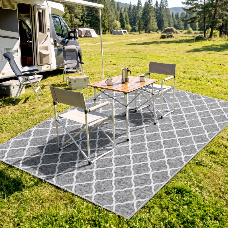 Outsunny Waterproof  Outdoor Rug, 6' x 9' RV Rug Reversible Mat for Backyard, Deck, Picnic, Beach, Camping, Grey & White Net