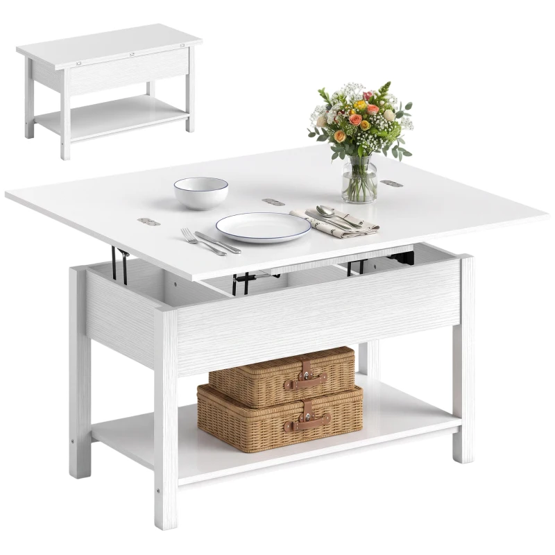 HOMCOM Lift Top Coffee Table with Storage and Hidden Compartment, Modern Convertible Center Table for Living Room, White