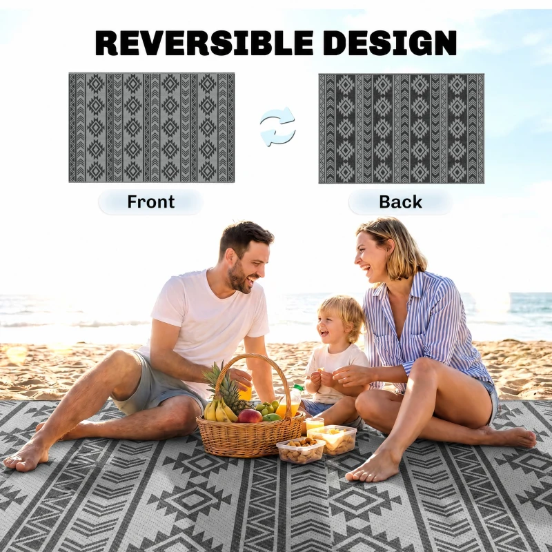 Outsunny Reversible Outdoor RV Rug, Patio Floor Mat, 6' x 9' Plastic Straw Rug for Backyard, Deck, Beach, Camping, Black & Grey