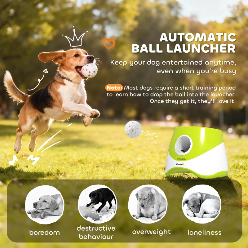 PawHut Automatic Dog Ball Launcher, Dog Ball Thrower with 5 2.3" ETPU Balls, 3 Distance Settings (20/33/46 ft) for Small Medium Pets, Green