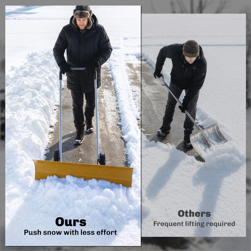 Outsunny 37-Inch Extra Wide Snow Shovel with Wheels, Heavy Duty Aluminum Snow Pusher with Ergonomic Adjustable Handle, Yellow
