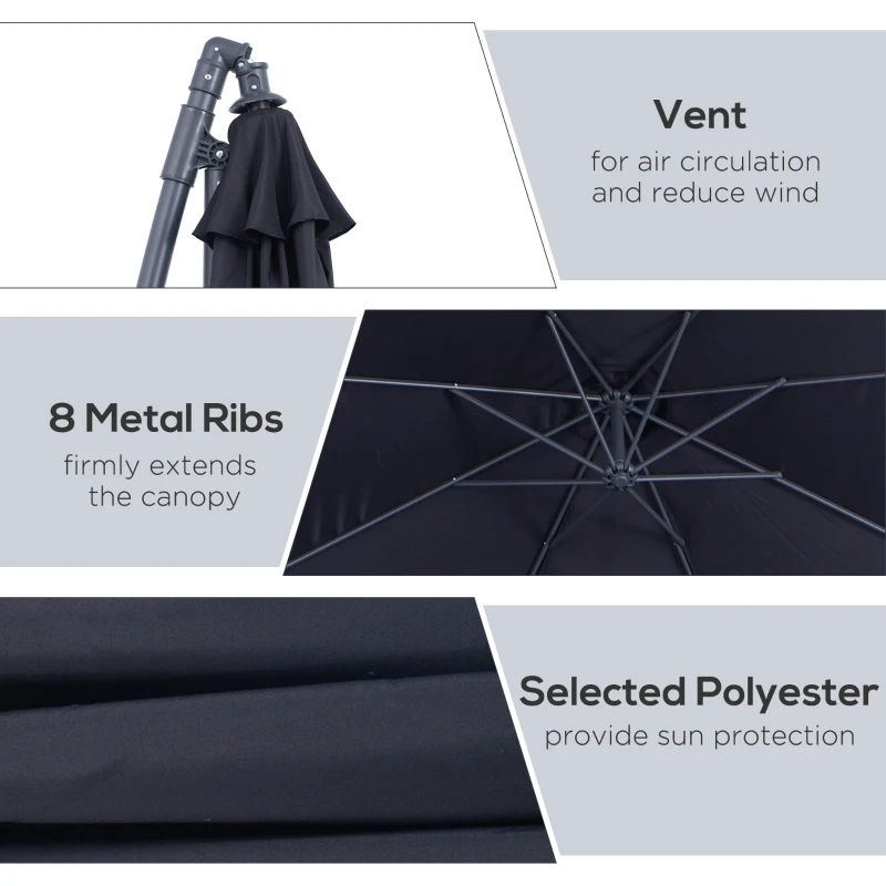 Outsunny 10' Deluxe Patio Umbrella Outdoor Market Parasol Banana Hanging Offset Sunshade Crank Cross Base Black