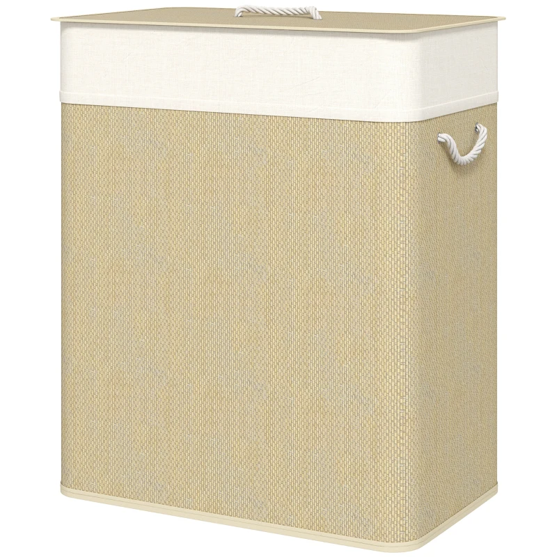 HOMCOM Double Laundry Basket with Lid, 100L Bamboo Laundry Hamper with Rope Handles and Removable Bags, Natural