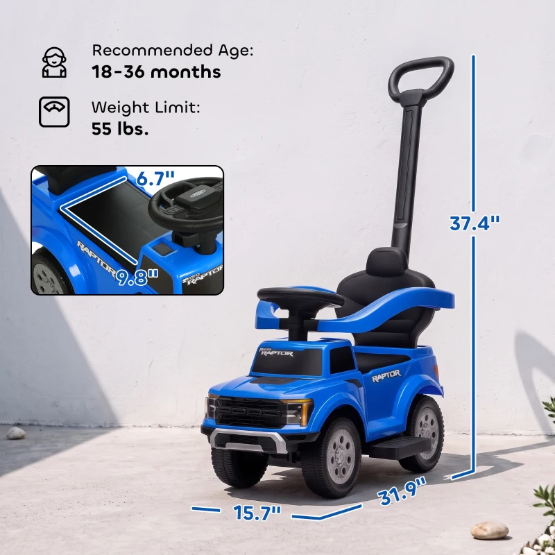 Qaba 3 In 1 Licensed Ford Kids Push Car with Push Handle, Horn, Sound, Secure Bar, Storage, for Toddlers 18-36 Months, Blue