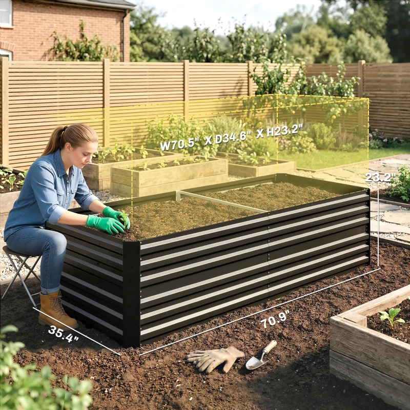 Outsunny Galvanized Raised Garden Bed, Steel Outdoor Planters with Reinforced Rods, 71" x 36" x 23", Black