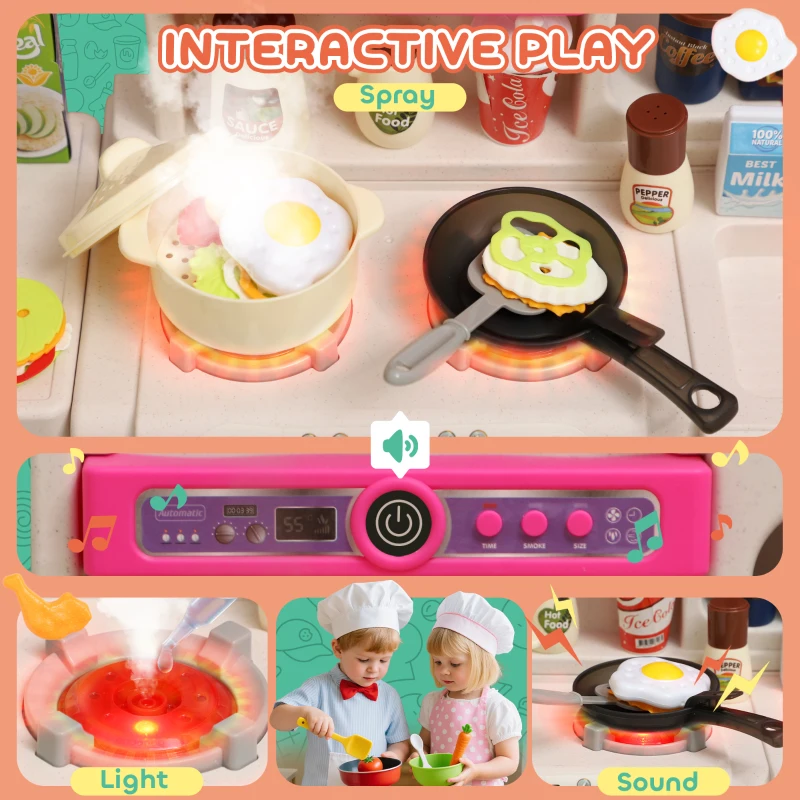 Qaba Pretend Play Kitchen Set with Realistic Lights & Sounds, 104PCS Toy Kitchen Accessories for Boys and Girls, Pink