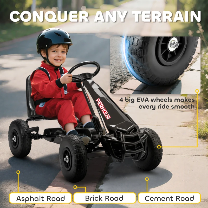 Qaba Kids Go Kart, Pedal Car with Adjustable Seat, EVA Wheels, Brake, for Boys & Girls Aged 3-8 Years Old, Black