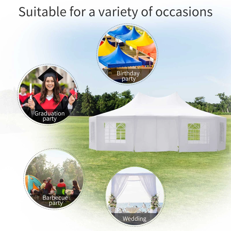 Outsunny 21' x 29' Wedding Event Party Tent High Peak Decagonal Outdoor Gazebo Canopy with Removable Walls White