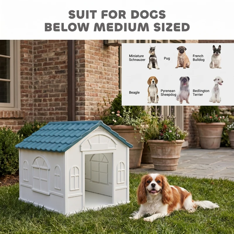 PawHut Plastic Dog House for Medium and Small Dogs, Water Resistant Puppy Shelter Indoor Outdoor with Door, Easy to Assemble, Blue