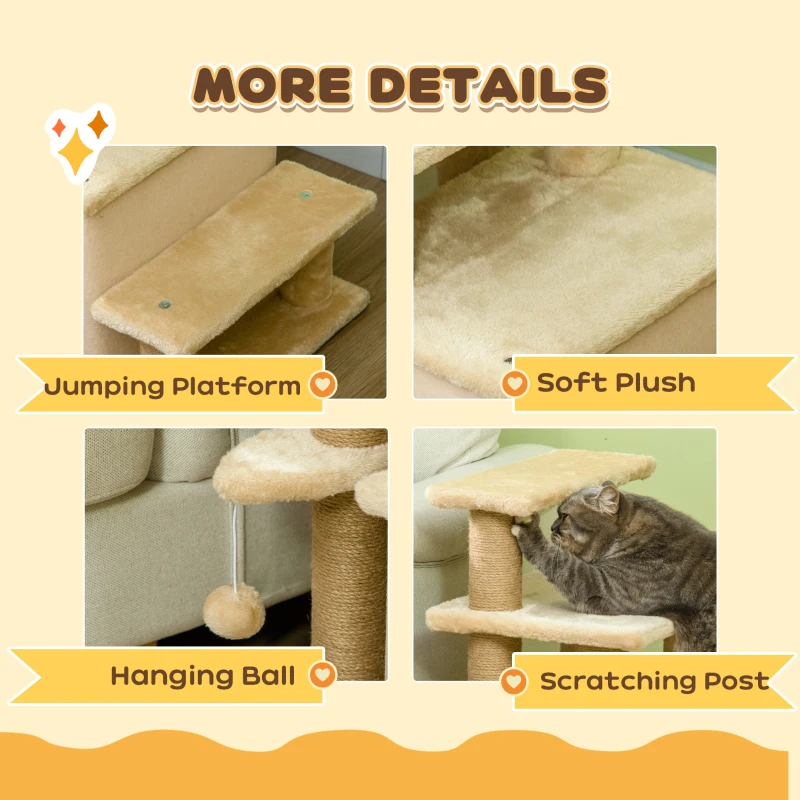 PawHut Adjustable Height 3 Step/4 Step Cat Stairs w/ Jute Cat Scratching Post, Cat Condo, Toy Ball, for Bed, Sofa, Couch, Beige
