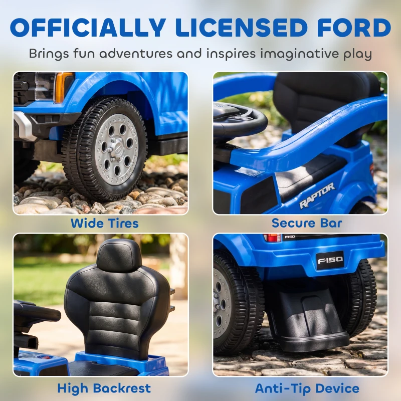 Qaba 3 In 1 Licensed Ford Kids Push Car with Push Handle, Horn, Sound, Secure Bar, Storage, for Toddlers 18-36 Months, Blue