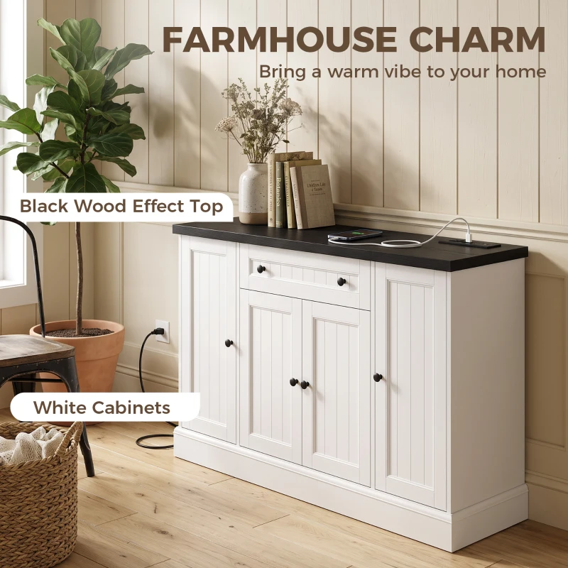 HOMCOM 47" Farmhouse Sideboard Buffet Cabinet with Charging Station, Coffee Bar Cabinet with 3 Adjustable Shelves, White